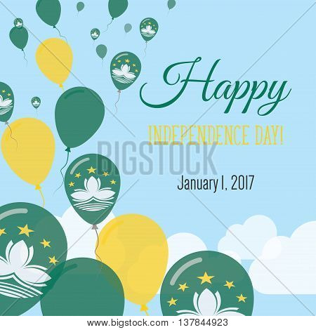 Independence Day Flat Greeting Card. Macao Independence Day. Chinese Flag Balloons Patriotic Poster.