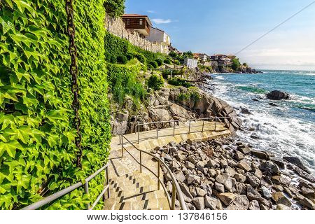 SOZOPOL - AUGUST 9: Old City embankment on August 9 2015 in Sozopol Bulgaria.ancient european city Sozopol on a rocky shore near sea in summer. piere and steps to sea shore