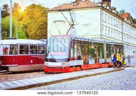 High-tech trams on wide street in district Mala Strana Prague's old town Prague Czech Republic. Photo stylized illustration