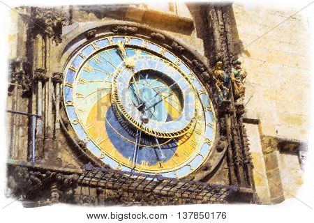 Prague Astronomical Clock (Orloj) in the old Town Square The old town hall (Staromestske namesti) Prague Czech Republic. Photo stylized illustration