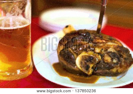 Veprove koleno - roasted pork leg served on cutting board. Bright amber mug of beer on dining table in restaurant. Prague Czech Republic. Photo stylized illustration
