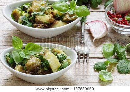 Salad Of Roasted Eggplant With Garlic, Cilantro And Basil. Selective Focus