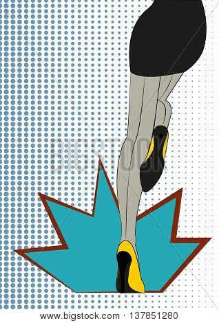 Women's legs Vector illustration Long slim female legs in stockings and yellow shoes on a polka dot background Pop art style