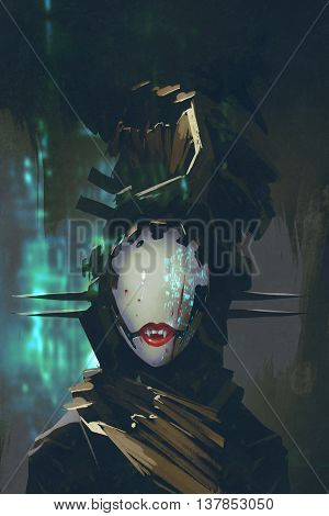 robot woman with artificial face, futuristic concept, illustration painting