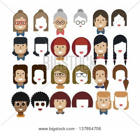 Stock vector illustration set avatars female faces, design elements, hairstyles, glasses, collar, red hair, freckles, gray, Womens hairstyles, haircut bob, bangs lips smile sunglasses flat style