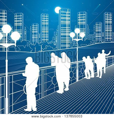 City scene, people watching from the bridge to the city's skyline, street life, night town in background, vector design art