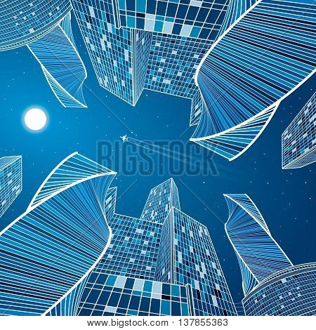 Business building, night city, urban scene, infrastructure illustration, modern architecture, skyscrapers, airplane flying, vector design art