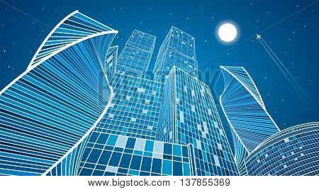 Business building, neon city, urban life, infrastructure illustration, modern architecture, skyscrapers, airplane flying, vector design art