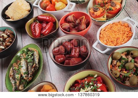 Mediterranean cold buffet food known as tapas, antipasto or mezze