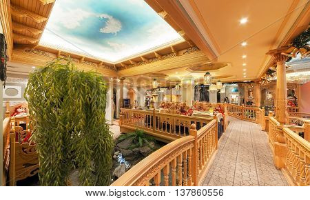 MOSCOW/RUSSIA - DECEMBER 2014. The interior of the deluxe restaurant of Uzbek cuisine - Babay Club in an oriental style.