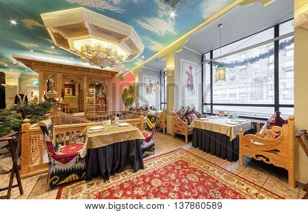 MOSCOW/RUSSIA - DECEMBER 2014. The interior of the deluxe restaurant of Uzbek cuisine - Babay Club in an oriental style.