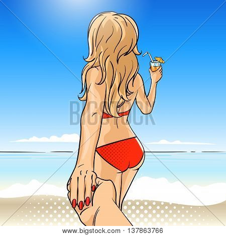 Vector hand drawn pop art illustration of young woman in swimming suit with fruit cocktail. Follow me to the sea illustration. Background for print web.