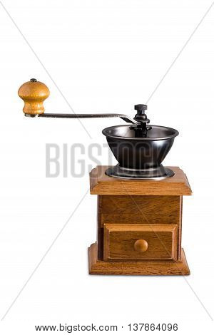 Vintage Wooden Coffee Grinder Vintage Coffee Mill Isolated On White Background.