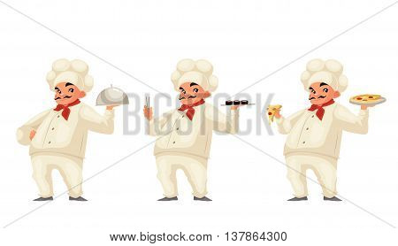 Chef serving food cartoon vector illustration isolated on white background. Respectable italian chef in hat and uniform serving dish sushi pizza. Set of same cook holding different dishes