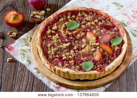 Plum Cake Shortbread Dough With Walnuts On A Wooden Table, Selective Focus.