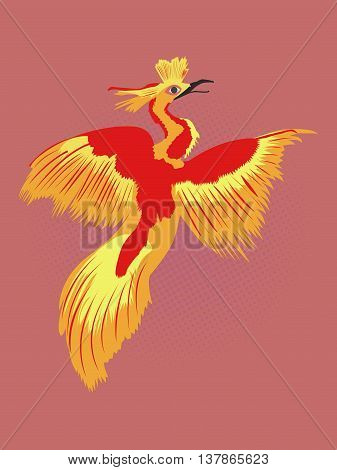 Reborn Phoenix pop art drawing. Fire bird drawing with black dotted red background. Cartoon illustration of legendary Phoenix.