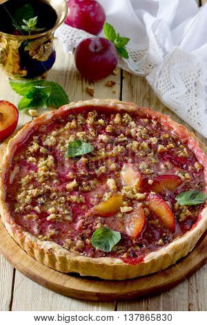 Plum Cake Shortbread Dough With Walnuts On A Table In A Rustic Style.