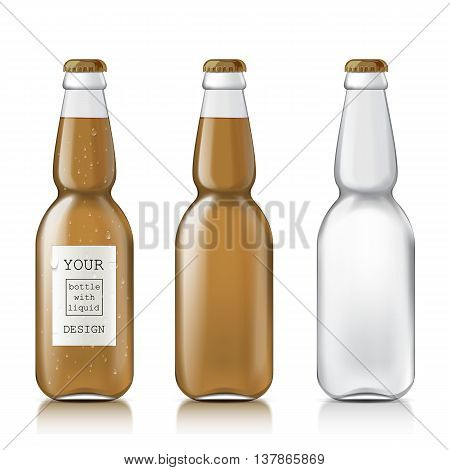 Transparent glass beer bottle. Set realistic empty and clean the bottles with liquid - beer, juice, water. Mock Up Sample Ready For Your Design.  Illustration Isolated On White Background.