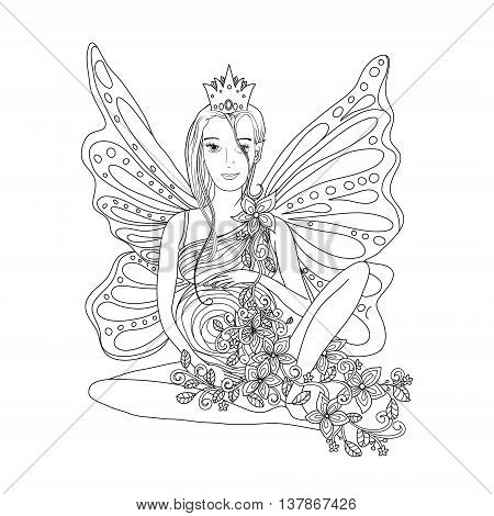 Adult coloring book page with Pregnant lady and wings. Doodle style art. Black and white
