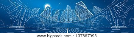 Big bridge, amazing panoramic night city, neon town. Industrial, architecture and infrastructure illustration. White lines landscape, vector design art