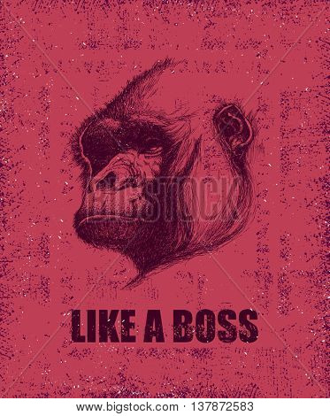 Monkey Face With Like A Boss Inscription Hand drawn Vector illustration.