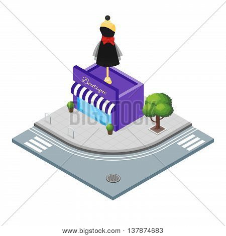 Isometric vector 3d illustration of boutique. A small fashionable shop that sells clothes. City landscape.