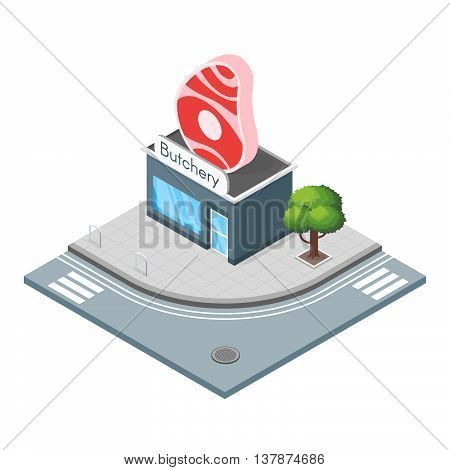 Isometric 3d vector illustration of butchers shop. Sell meat. City landscape.
