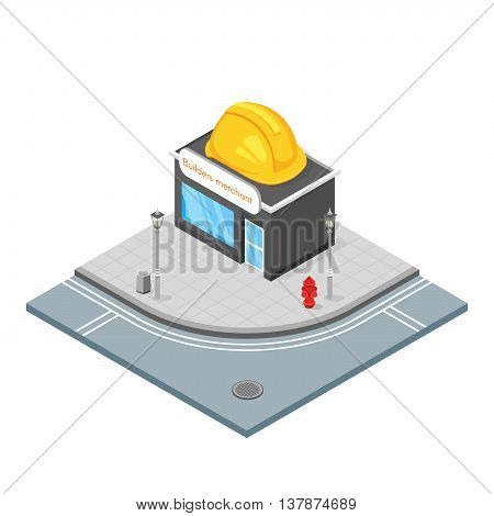 Isometric 3d vector illustration of hardware store. Builders shop that sells things that you need for building. City landscape.