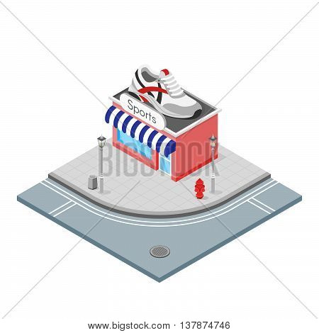 Isometric 3d vector illustration of sport shop which sells all for sport activities. City landscape.
