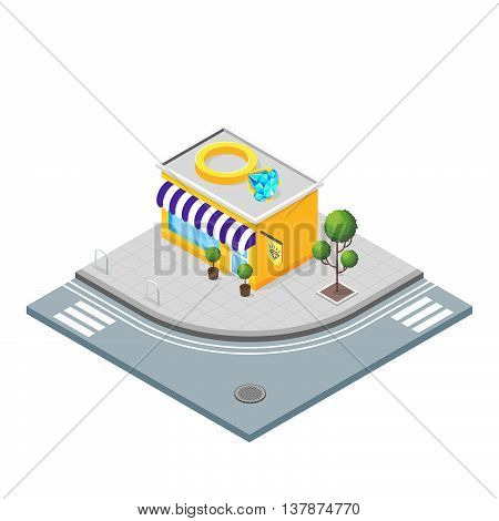 Isometric vector 3d illustration of jewelry store. Gold ring with briliant. City landscape.