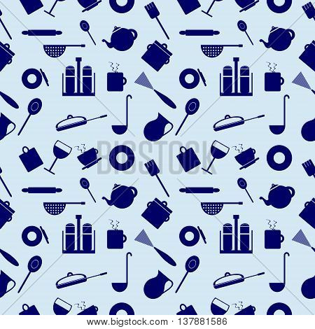 Seamless Vector Pattern With Elements Of Kitchen Utensils Blue Over Light Blue Background