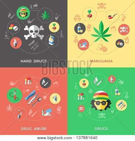 Flat drugs icon set with descriptions of hard drugs marijuana drug abuse and others drugs vector illustration
