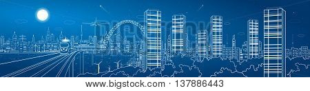 City and transport mega panorama, train on the bridge, skyline, white lines landscape, night town, airplane fly, vector design art