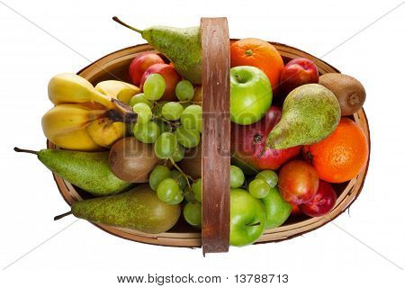 Trug voller frischem Obst isolated on white Background.