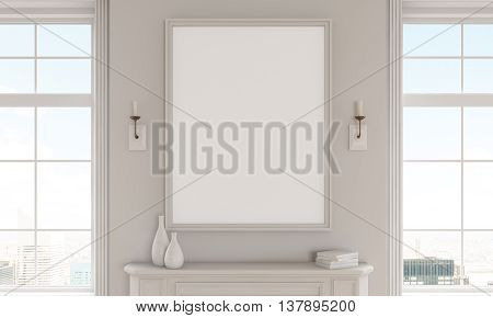 Closeup of blank picture frame in interior with windows and New York city view. Mock up 3D Rendering