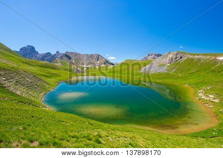 High Altitude Blue Lake In Idyllic Uncontaminated Environment Once Covered By Glaciers. Summer Adven