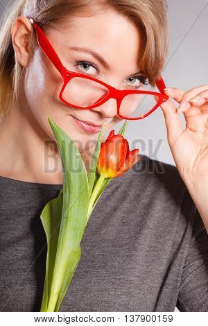 Beauty Woman With Tulip Flower.