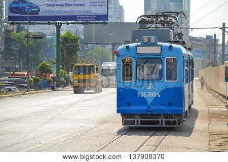 Yangon Myanmar - April 25 2016 : Yangon Tram. begun service on 11 January 2016 using a single 50-year old tram from Hiroshima Japan