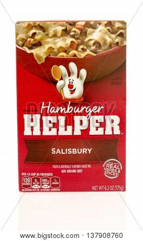 Winneconnie WI - 10 July 2016: Box of Hamburger Helper in salisbury flavor on an isolated background.