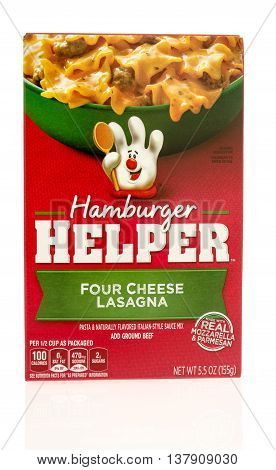 Winneconnie WI - 10 July 2016: Box of Hamburger Helper in four cheese lasagna flavor on an isolated background.
