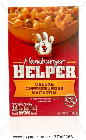 Winneconnie WI - 10 July 2016: Box of Hamburger Helper in deluxe cheeseburger macaroni flavor on an isolated background.