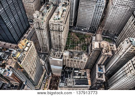 Arial view to Manhattan skyscrapers in Downtown financial disctrict