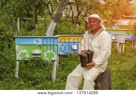 beekeeper in protective clothing holding smoker while standing at apiary
