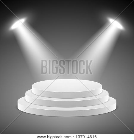 Realistic pedestal, 3d empty podium with spotlights vector illustration. Stage empty with spotlight and realistic stage platform for presentation