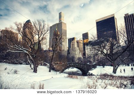Central Park New York City at Gapstow bridge under the snow in the winter