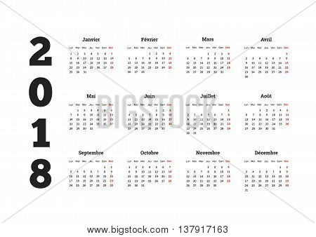 2018 year simple calendar on french language, isolated on white