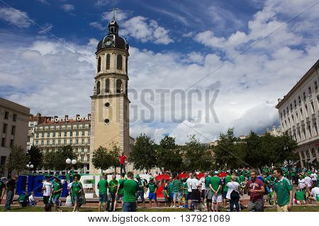 Lyon, France - June 16, 2016: Northern Ireland fans at the fan zone of the European Football Championship EURO 2016