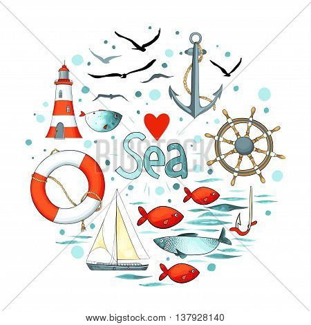 Collection of nautical elements in a circle shape. There are lighthouse, seagull, sailboat, life buoy, fish, anchor and wheel. Objects isolated on white background. Vector illustration.