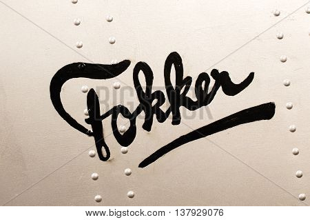 LELYSTAD THE NETHERLANDS - JUNE 9; Very old Fokker company logo on a plane. Fokker is a former dutch airplane manufacturer building planes from 1919 ultil 1996.