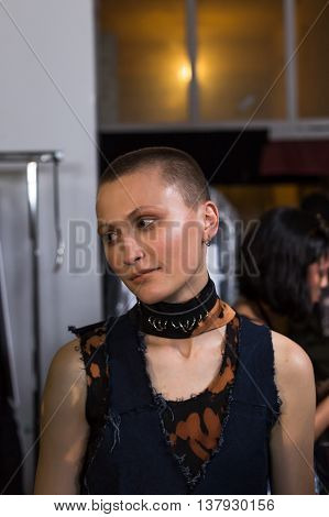 MILAN ITALY - JUNE 19: Beautiful model poses in the backstage just before Damir Doma SS 17 show during Milan Men's Fashion Week on JUNE 19 2016 in Milan.